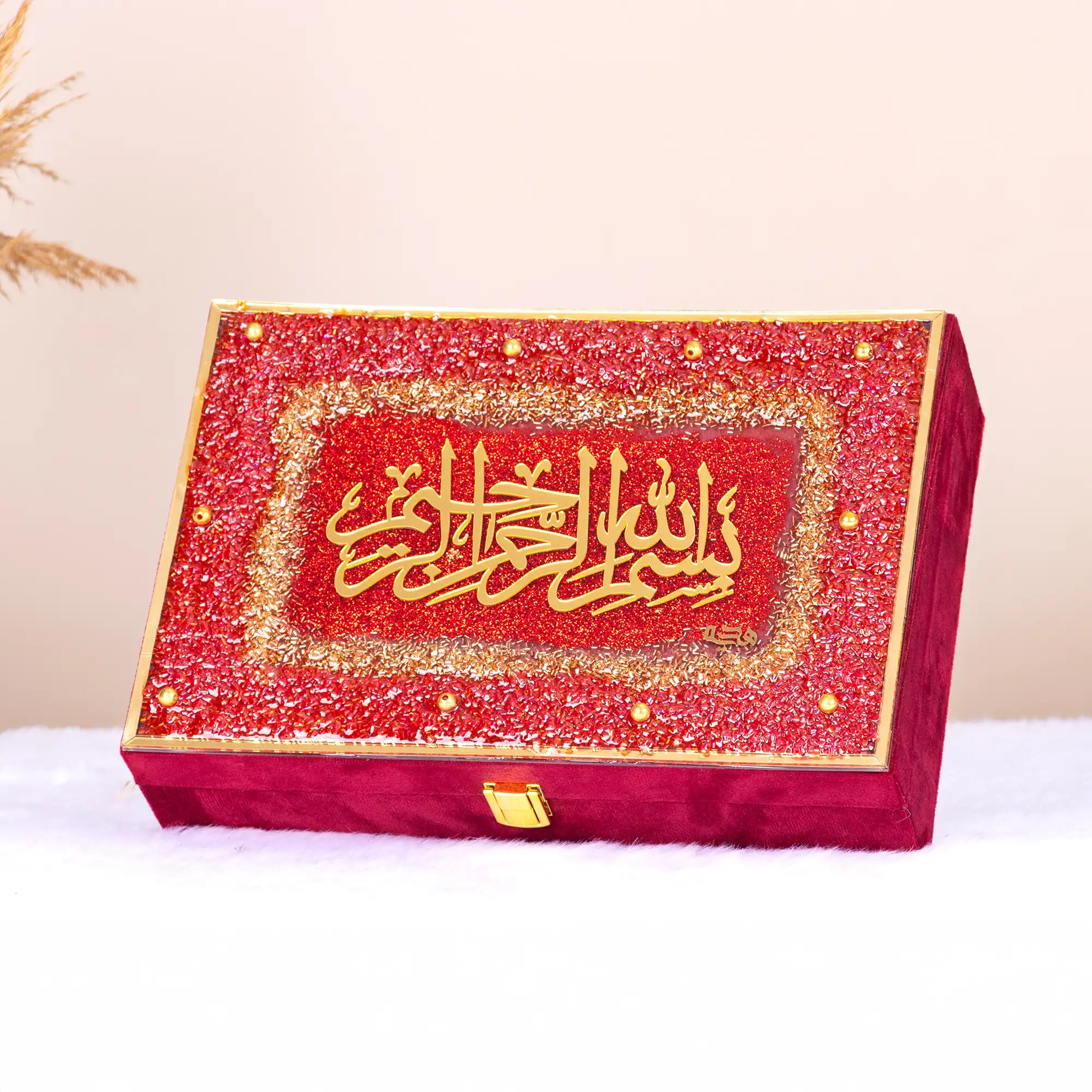 Maroon Bridal Hamper from The Bling Collection featuring a velvet designer box with golden Arabic calligraphy, ideal for Quran gift sets and Nikkah ceremonies.