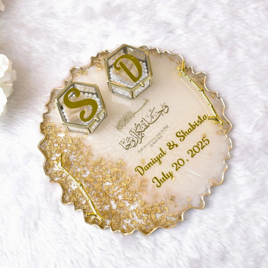 Resin Nikah Ring Platter - Eternal Love with gold flakes, hexagonal ring holders, and custom names and date for wedding ceremony decor.