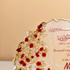 Close-up of 8" Rose Petal Frame showing intricate resin art with red flowers, pearls, and gold flakes. Ideal for personalized home decor or couple gifts.