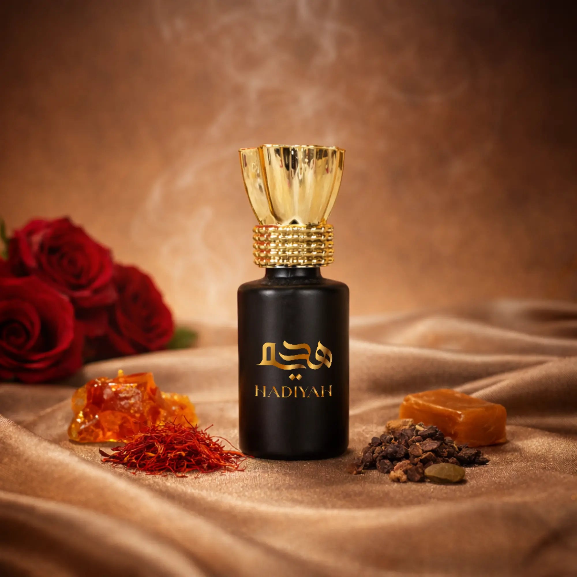 Shanaya - Luxury attar Perfume in a black and gold bottle with Arabic script, surrounded by saffron, amber, and roses. Alcohol-free fragrance for gifting.