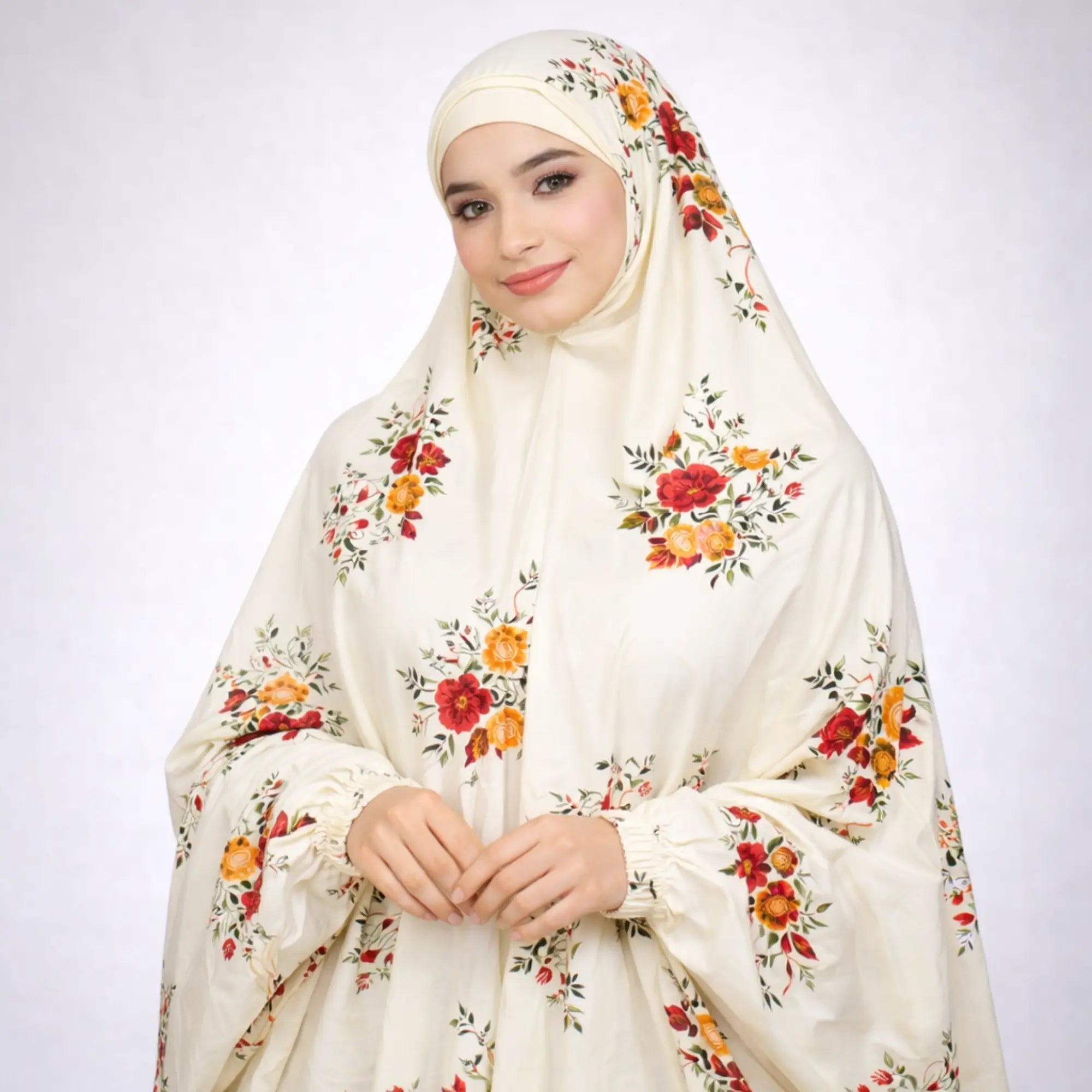 Sakina Knee Length Printed Cotton Namaz Makhna in soft cream with floral print, ideal for prayer and modest fashion wear. Lightweight cotton for comfort.