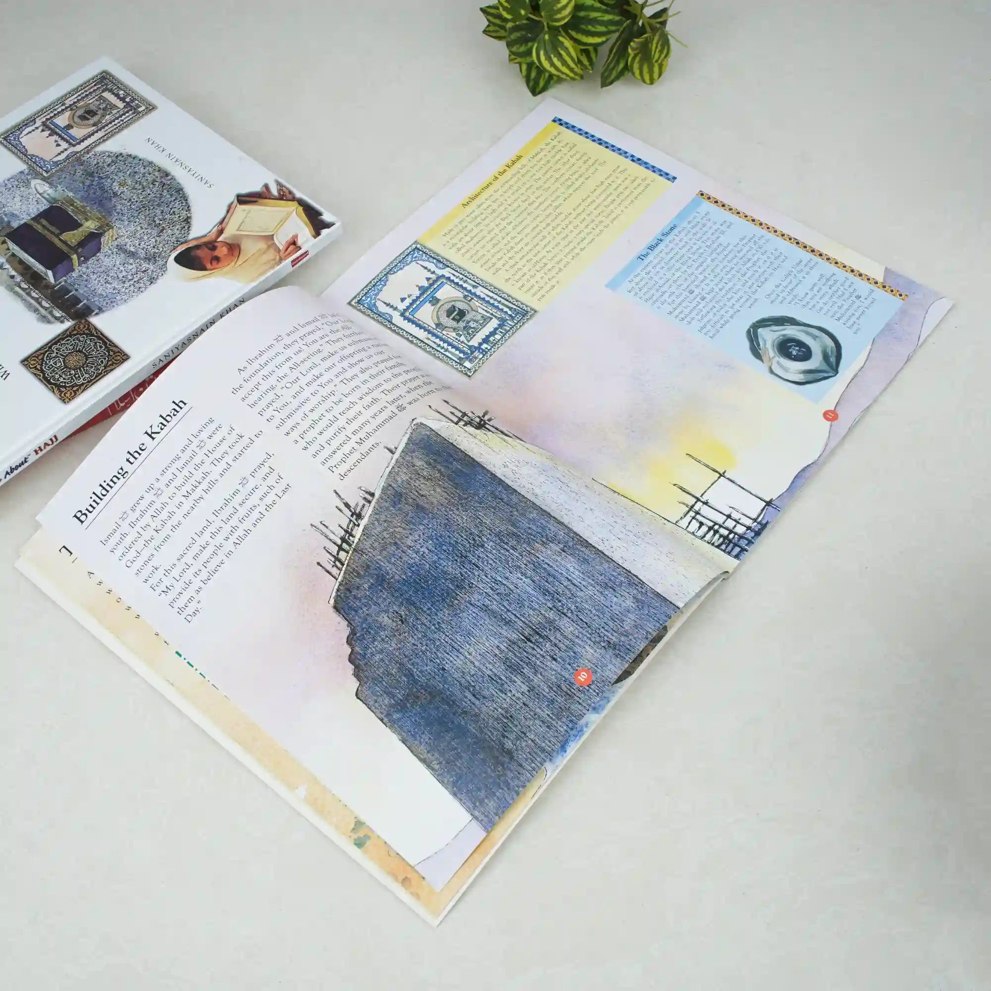 Inside pages of Tell Me About Hajj Book showing colorful illustrations and educational content on Hajj rituals for kids aged 8 and above.