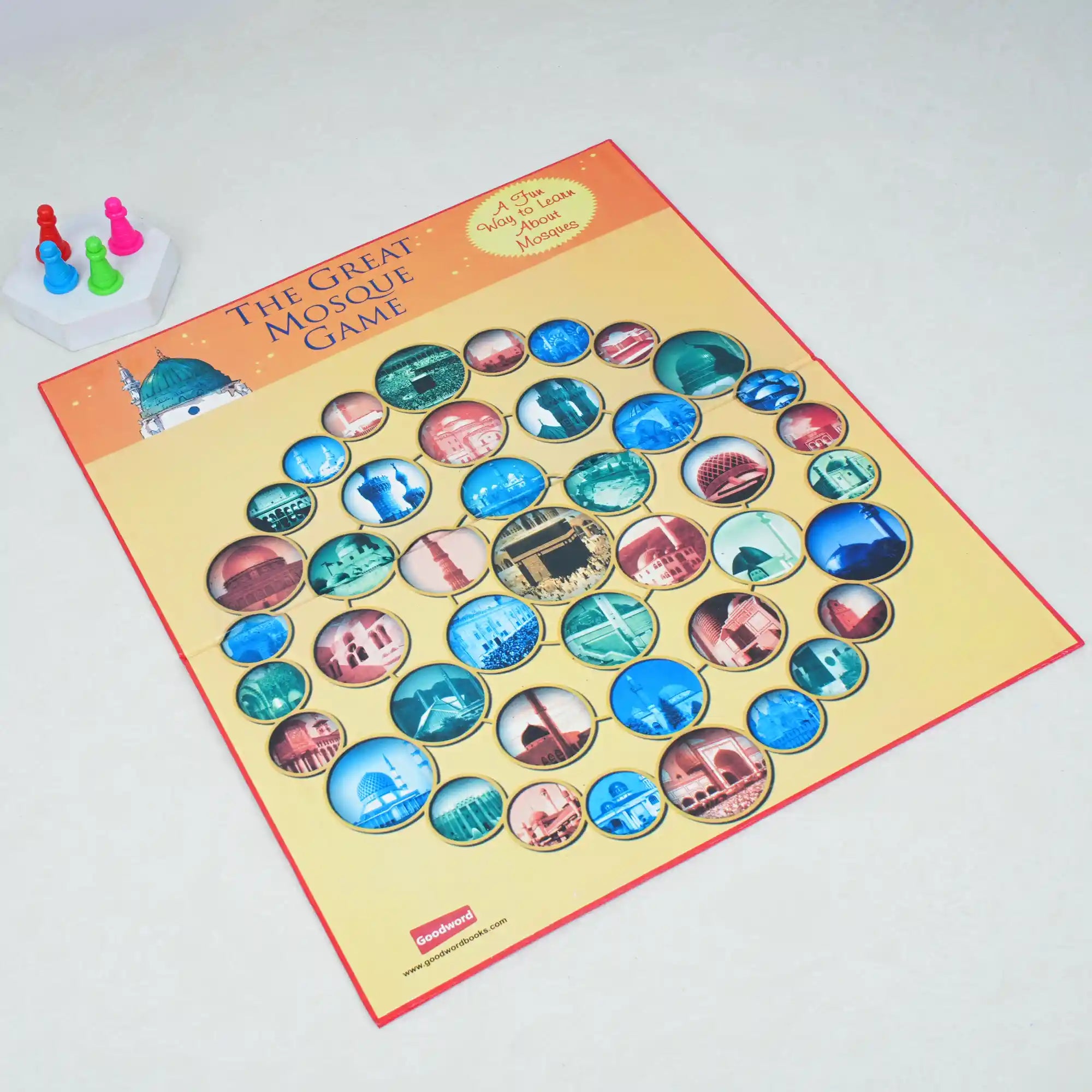 Board game titled 'The Great Mosque Game' with colorful tiles on a white background