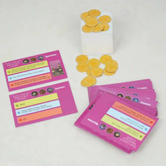 Card game components including question cards, answer cards, and yellow game pieces on a white background