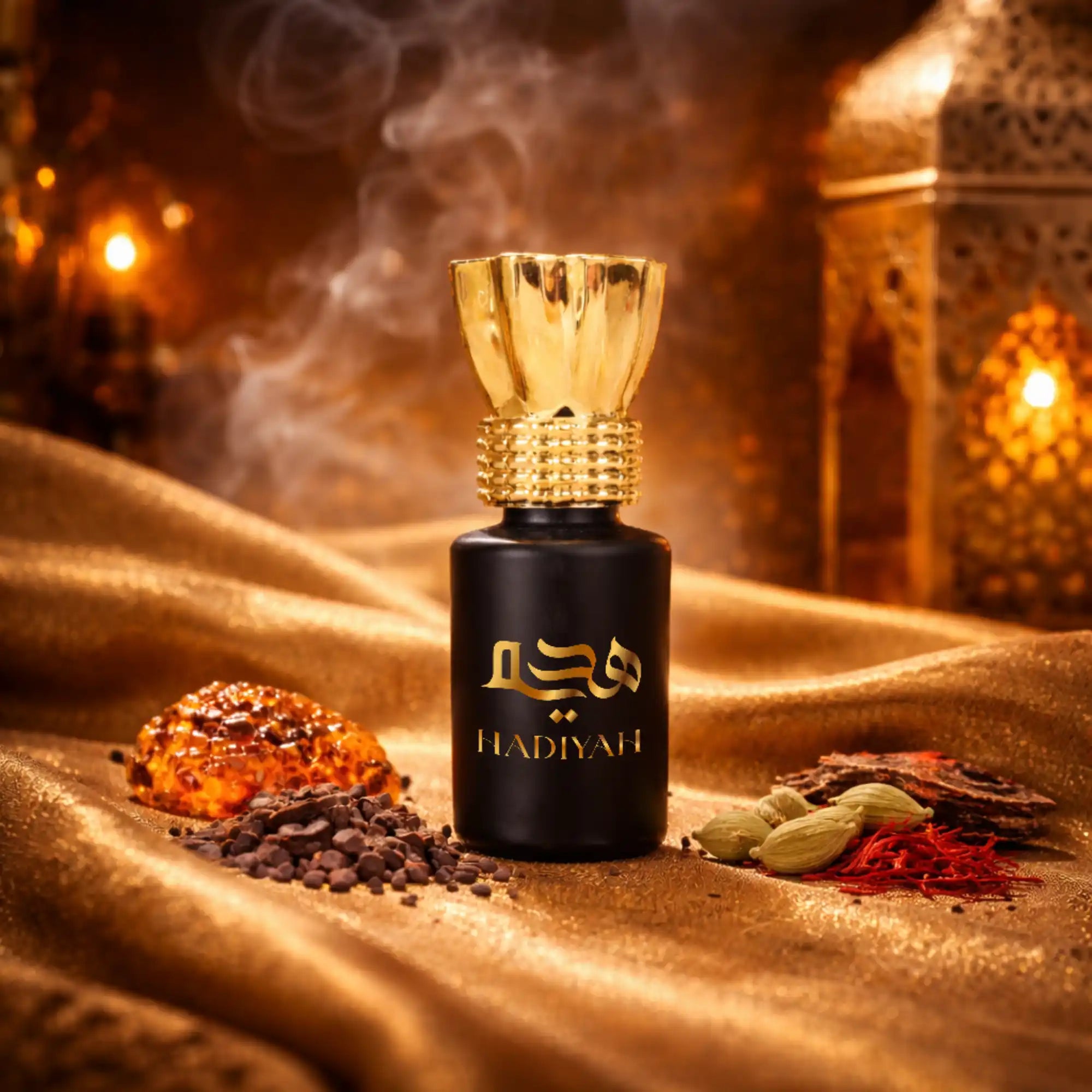 UAE Attar - Luxury attar Perfume in black and gold bottle labeled 'Hadiyah', surrounded by saffron, cardamom, and oud on golden fabric with lanterns in background.