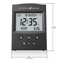 Unique Azaan Desk Clock - Al Fatiha with digital display showing time, date, temperature, and prayer time. Compact Islamic desk clock for home decor.