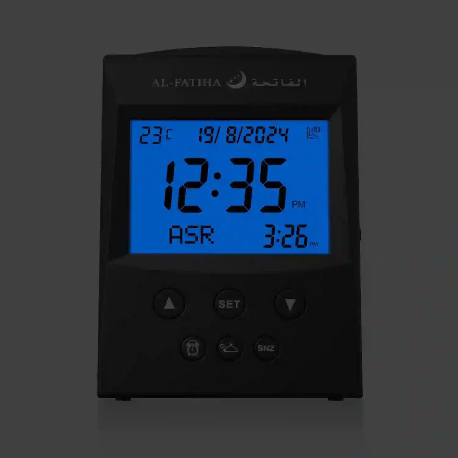 Unique Azaan Desk Clock - Al Fatiha with digital display showing prayer times and temperature, ideal for Islamic home decor and daily prayer alignment.