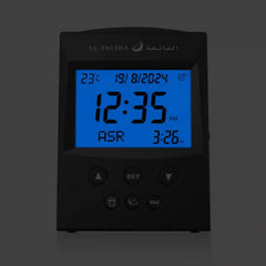 Unique Azaan Desk Clock - Al Fatiha with digital display showing prayer times and temperature, ideal for Islamic home decor and daily prayer alignment.