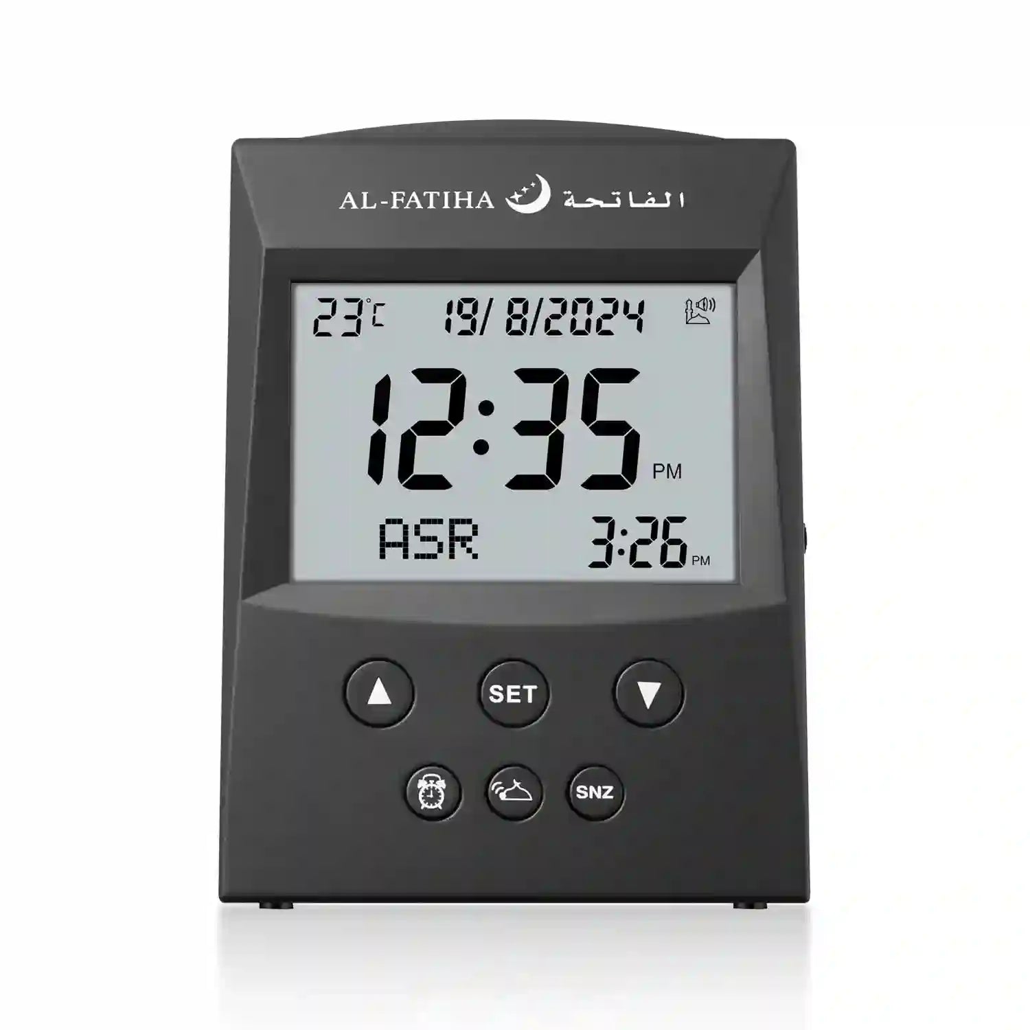 Digital clock with Al-Fatiha branding on a white background