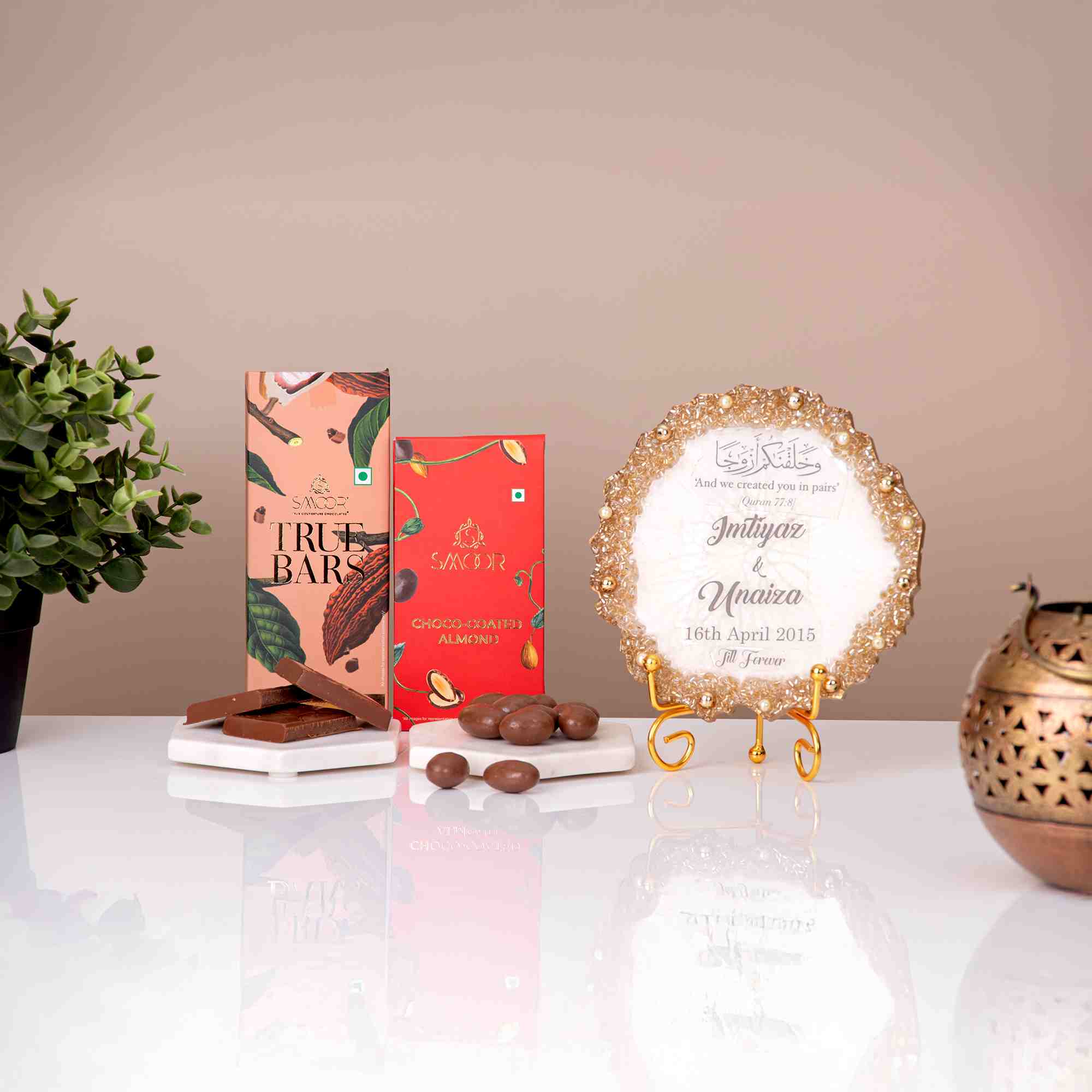 Customised Sweet Moments Gift Hamper with luxury chocolates and engraved plaque, perfect for Ramadan, anniversaries, and housewarming celebrations.