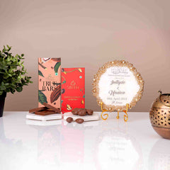 Customised Sweet Moments Gift Hamper with luxury chocolates and engraved plaque, perfect for Ramadan, anniversaries, and housewarming celebrations.