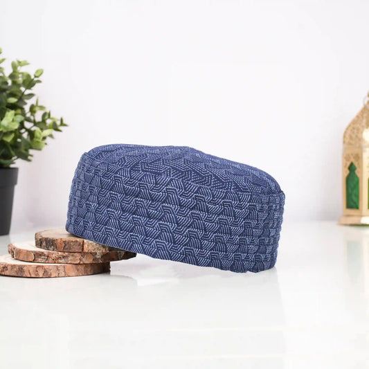 Blue patterned prayer cap for men, lightweight Islamic headwear for Salah