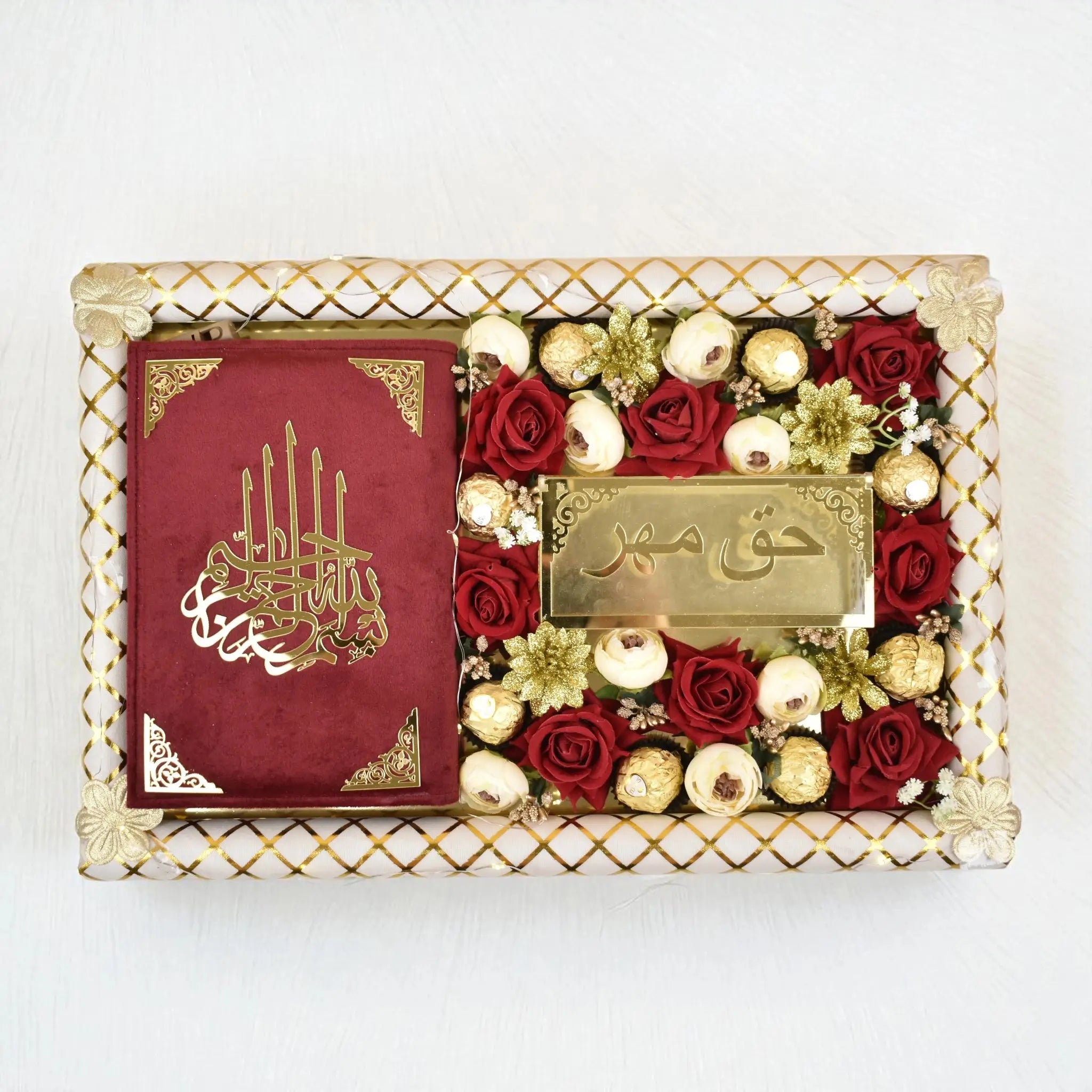 Mahr-e-Barakah Tray Gift Set with velvet Quran and gold mahr envelope on floral tray. Ideal wedding keepsake for blessings and elegance.