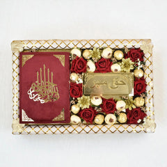 Mahr-e-Barakah Tray Gift Set with velvet Quran and gold mahr envelope on floral tray. Ideal wedding keepsake for blessings and elegance.