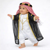 Adorable Omani Jubba Romper & Bisht Set for Your Baby Boy featuring a white romper with gold embroidery and a black bisht with gold trim.