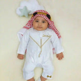 White Baby Boy Romper Thobe Set with red Gatra, perfect for Eid celebrations. Features gold embroidery and snap-button closure for easy wear.