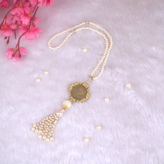 White Pearl Tasbeeh 100 Beads with gold-engraved agate centerpiece and tassel, ideal Islamic wedding favor or Eid gift.