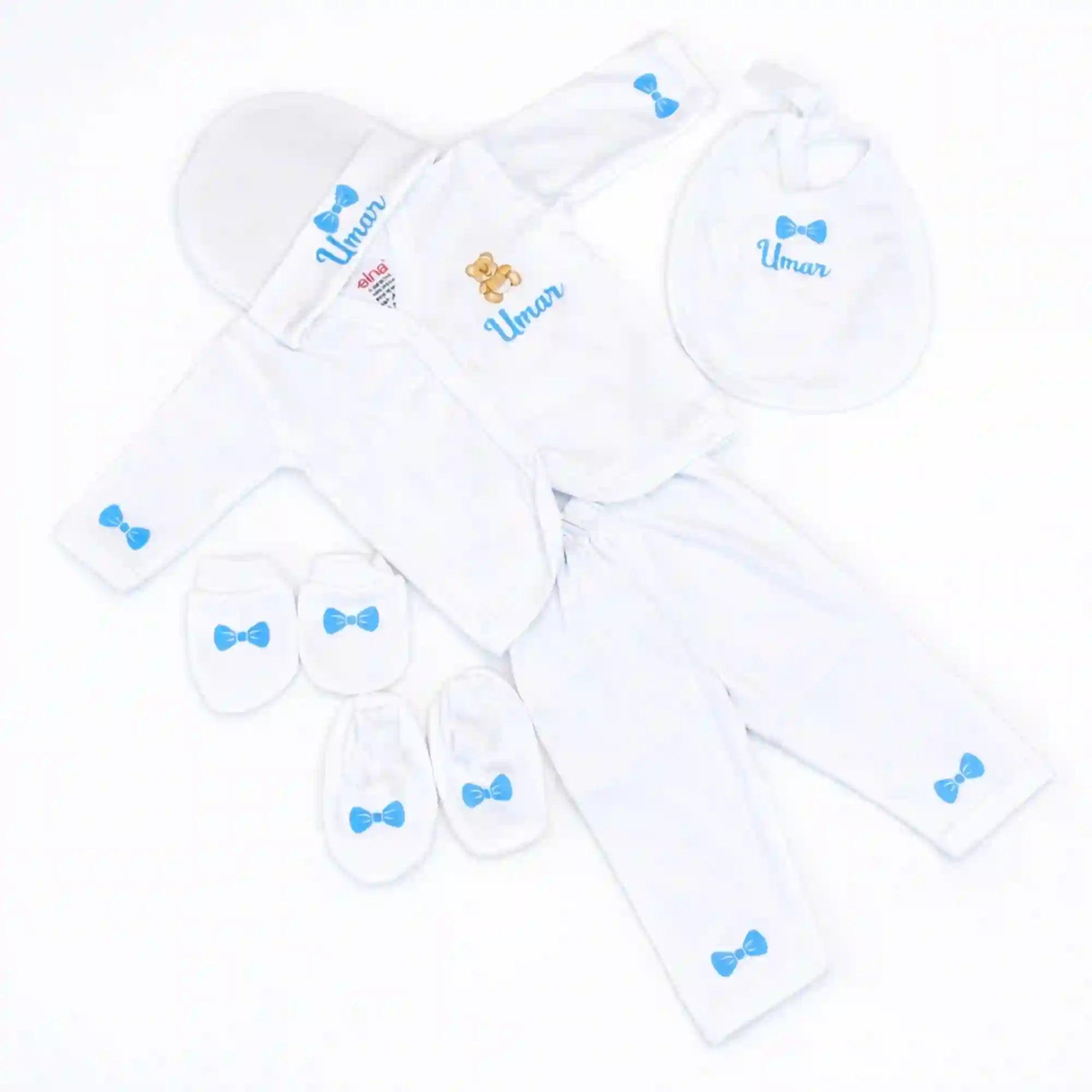 Personalized Kids Pyjama Set with name 'Umar' in blue, includes cap, mittens, bib, and pajama with bow accents, ideal for baby sleepwear gifts.