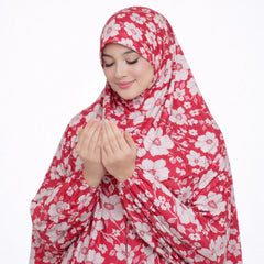 Yasmin Full Length Printed Cotton Namaz Makhna in red floral design, ideal for modest prayer wear. Comfortable and elegant for daily or ceremonial use.