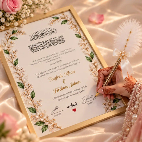 Personalised Nikah Nama wedding frame with Islamic calligraphy and floral border