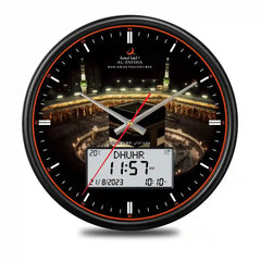 Islamic Azaan Wall Clock by Al-Fatiha featuring Mecca's Kaaba, digital display for prayer times, and elegant black frame for spiritual interiors.