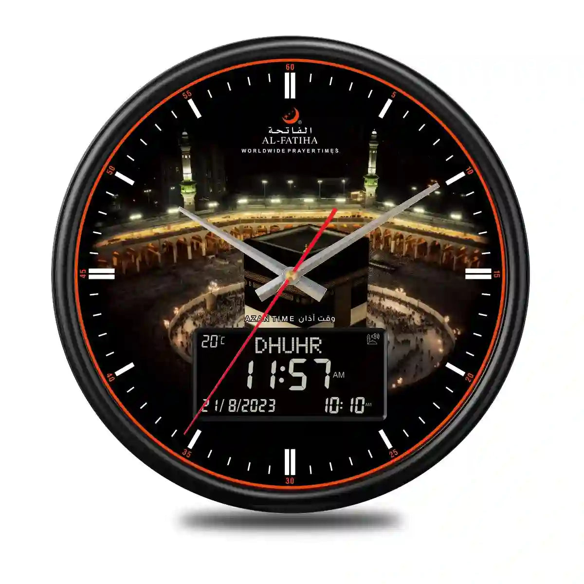 Al-Haram Azaan Wall Clock - Al-Fatiha with Kaaba background, digital prayer time display, and analog hands for Islamic home decor.