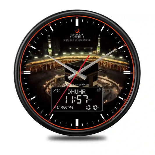 Al-Haram Azaan Wall Clock - Al-Fatiha with Kaaba background, digital prayer time display, and analog hands for Islamic home decor.