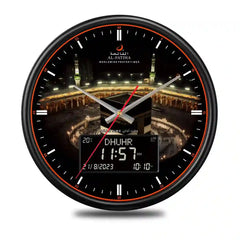 Al-Haram Azaan Wall Clock - Al-Fatiha with Kaaba background, digital prayer time display, and analog hands for Islamic home decor.