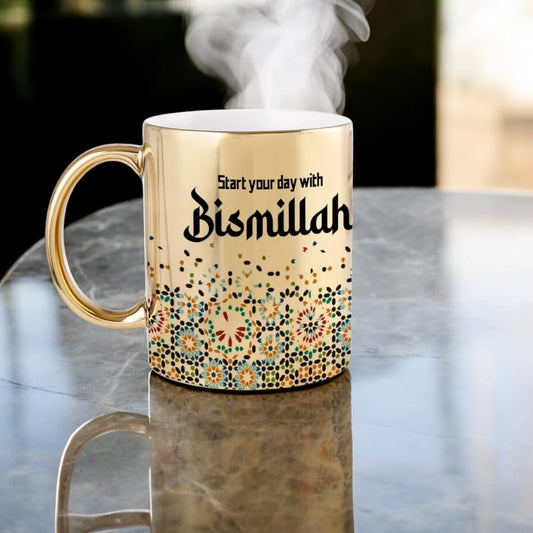 Hadiyah Bismillah Metallic Gold Mug with floral mosaic design and 'Start your day with Bismillah' text, ideal for personalized Islamic gifts.