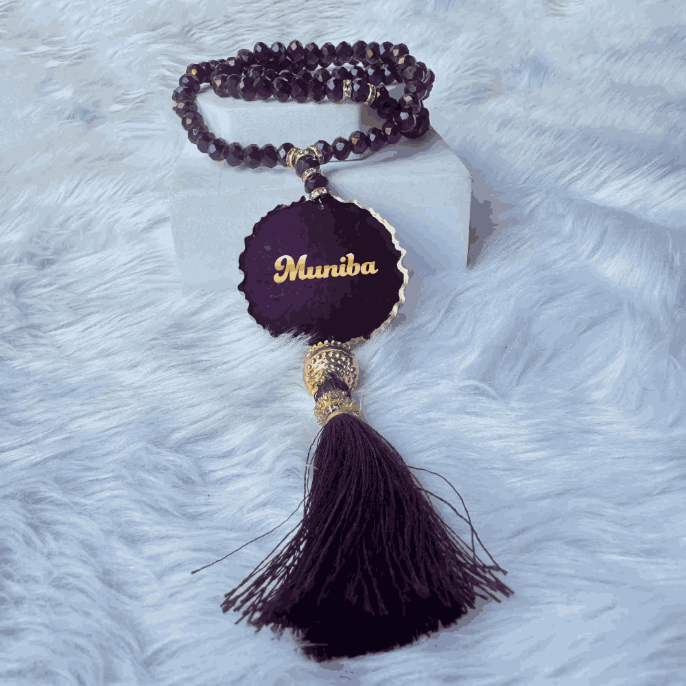 Purple Crystal Beads Tasbeeh - Personalized Gift with name 'Muniba', 100 beads and elegant tassel, perfect for Hajj, Umrah, or Eid presents.