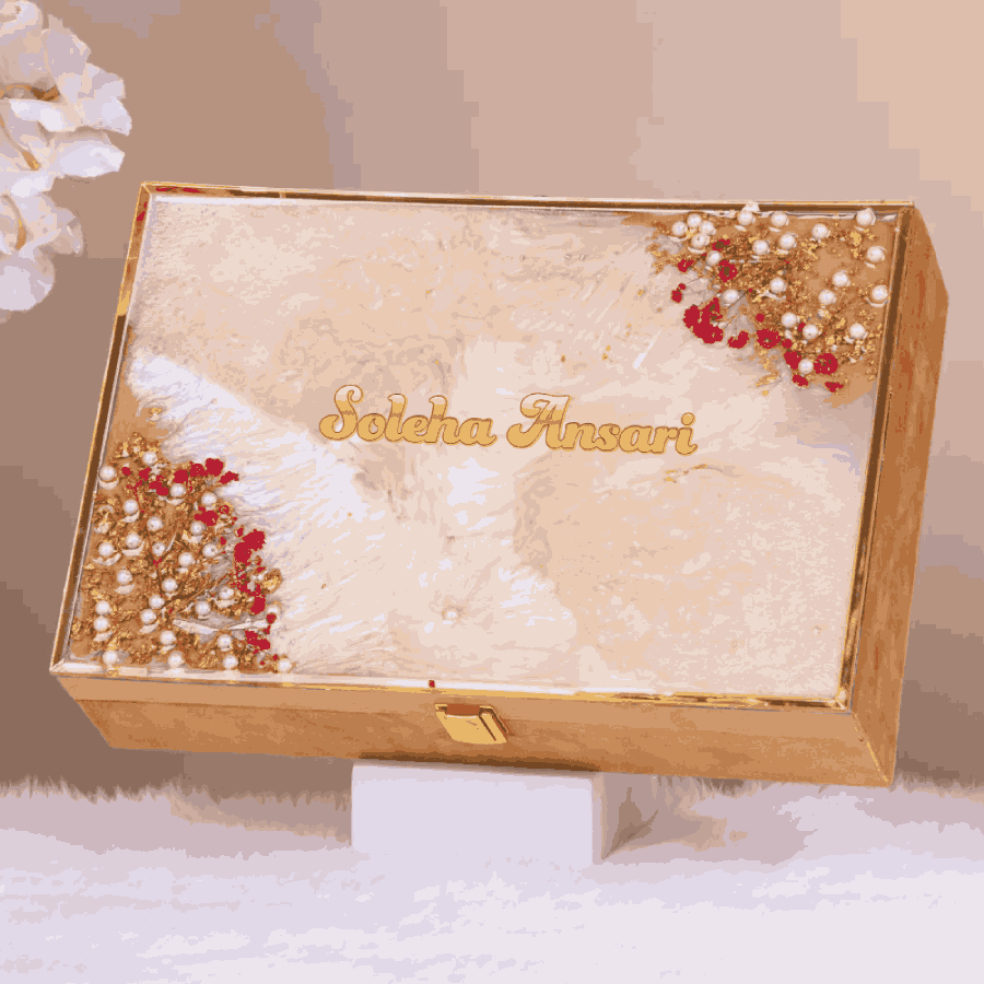 Custom Handmade Velvet Quran Box with name 'Soleha Ansari' and floral resin accents. Personalized Islamic gift for Ramadan or Eid.