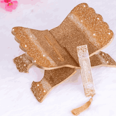 Golden Rehal & Bookmark - Quran Stand | Elegant Gift with personalized name detail, handcrafted with shimmering gold accents for ceremonial use.