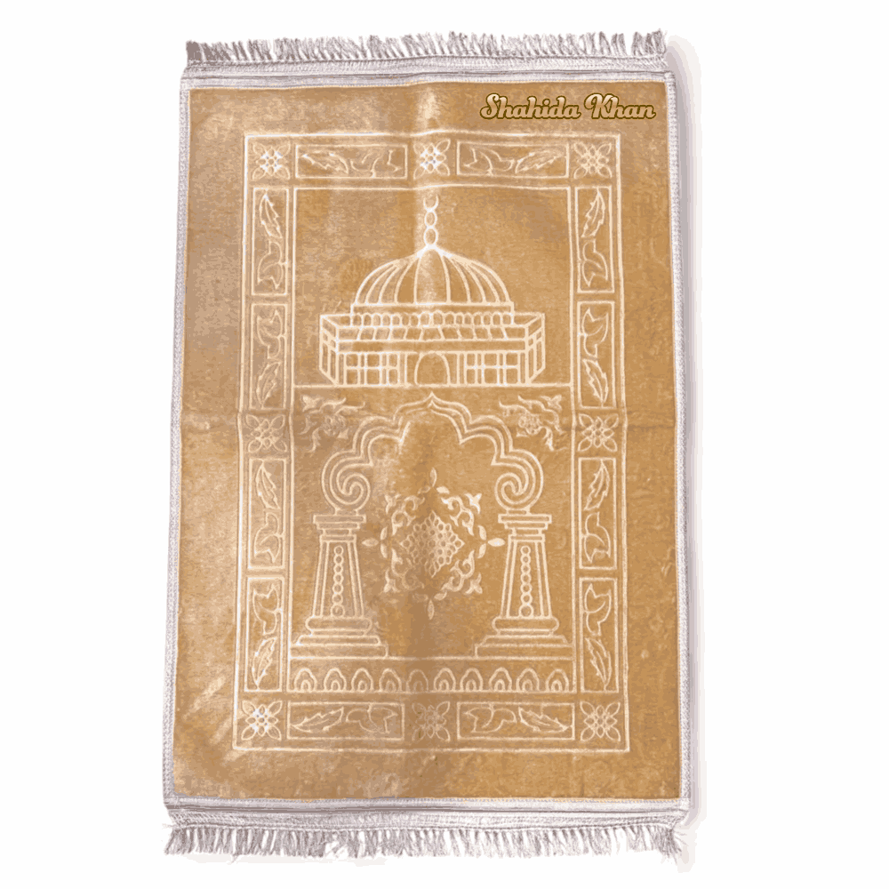 Light Golden Rectangle Premium Janamaz with name customization, showcasing intricate mosque motif and soft velvet finish for personalized prayer.