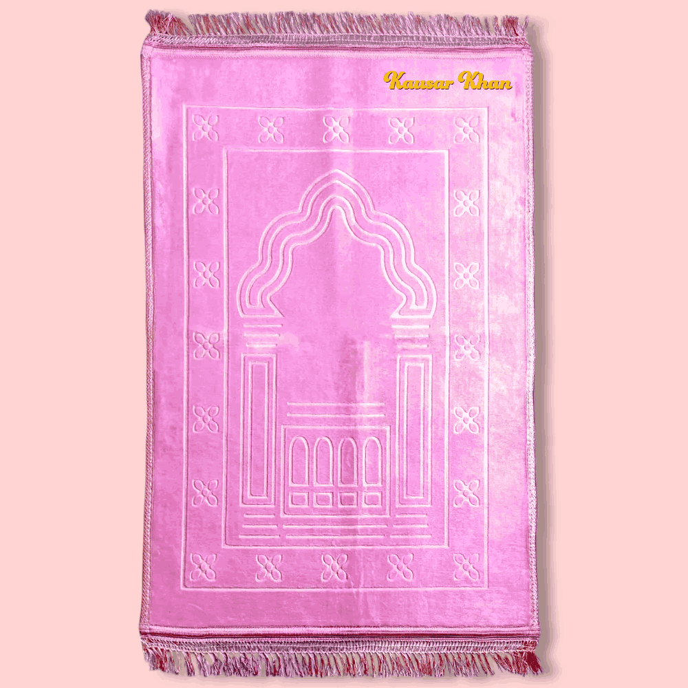 Personalized Pink Rectangle Janamaz with name 'Kanwar Waan' embroidered, soft velvet prayer rug perfect for Hajj, Umrah, or gifting.