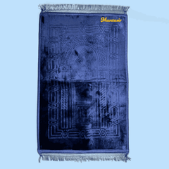 Custom Blue Rectangle Janamaz featuring the name 'Muntasir' in gold embroidery, made from soft velvet for a luxurious prayer experience.