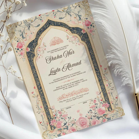 Dome Classic Nikah Nama Frame with floral design and Islamic arch, ideal for wedding gifts and personalized Nikah ceremony keepsakes.