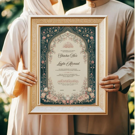 Green Legacy Nikah Nama Frame - Islamic Wedding Gift held by couple in traditional attire, showcasing floral calligraphy design in gold frame.