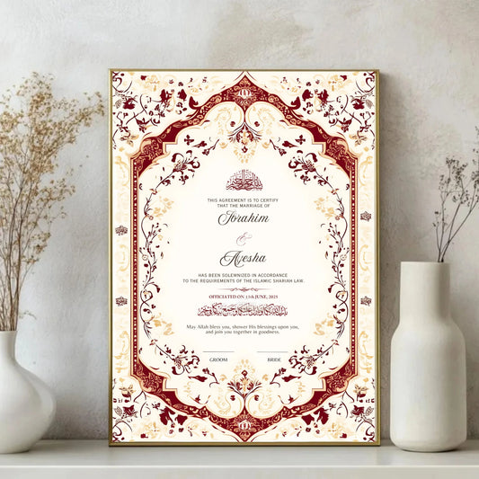 Regal Bloom Nikah Nama Frame displayed on a shelf with floral Islamic motifs in red and gold, ideal as a personalized Islamic wedding keepsake.