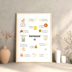 Kids Ramadan Wall Art Frame - Inspire Young Hearts | A3 Size, Handmade. Framed Islamic art with Ramadan values, styled on a beige wall with candles.