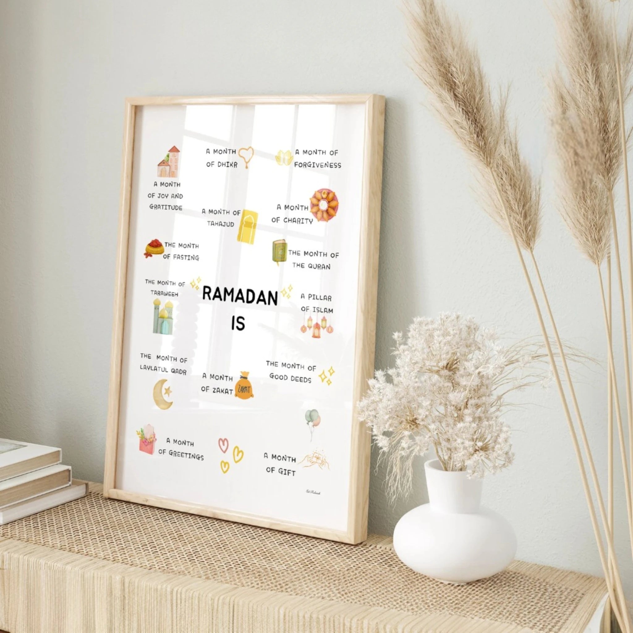 Kids Ramadan Wall Art Frame - Inspire Young Hearts | A3 Size, Handmade. Decorative A3 Ramadan print on a wooden shelf with dried flowers and neutral tones.
