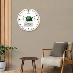 Al-Fatiha Azaan Wall Clock mounted in a modern living room, blending spiritual elegance with contemporary home decor style.