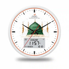 Close-up of Al-Madina Azaan Wall Clock - Al-Fatiha featuring prayer times, temperature, and Islamic architecture for faith-inspired interiors.