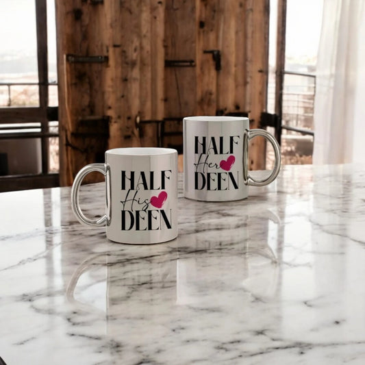 Personalized couple mugs with 'Half His Deen' and 'Half Her Deen' text, 350ml metallic finish, perfect for wedding or anniversary gifts.