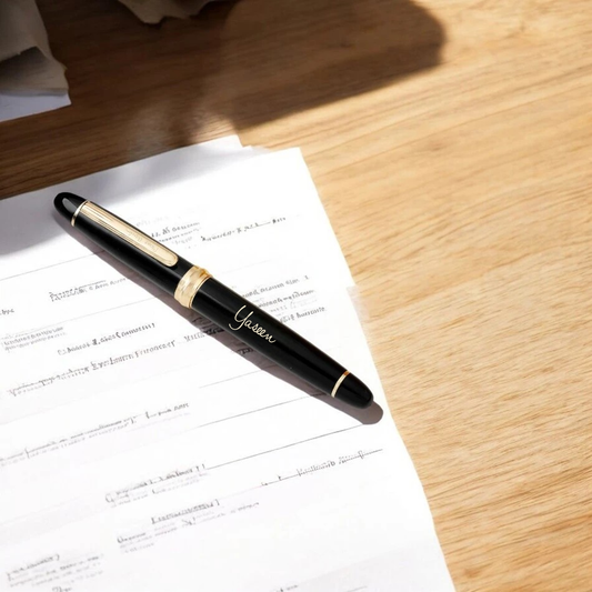 Personalized Pen Gift Box - Elegant Writing Set featuring a black and gold custom pen engraved with the name 'Yaseen' on a document.