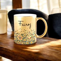 Personalized Hadiyah Bismillah Metallic Gold Mug featuring the name 'Fairoz' and intricate floral detailing, perfect for gifting and daily use.