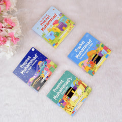 Top view of 4 colorful board books from Prophet Muhammad Stories for Kids - Little Library Set, each with engaging cover illustrations for children.