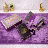 Purple Bridal Sawab-E-Jariya gift set with glittery bling box, Quran, prayer mat, and tasbeeh. Ideal Islamic gift for weddings and special occasions.