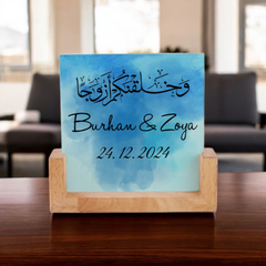 Qubool Hai Acrylic Frame - Personalized with names Burhan & Zoya and date 24.12.2024, featuring a wooden base for elegant home decor display.