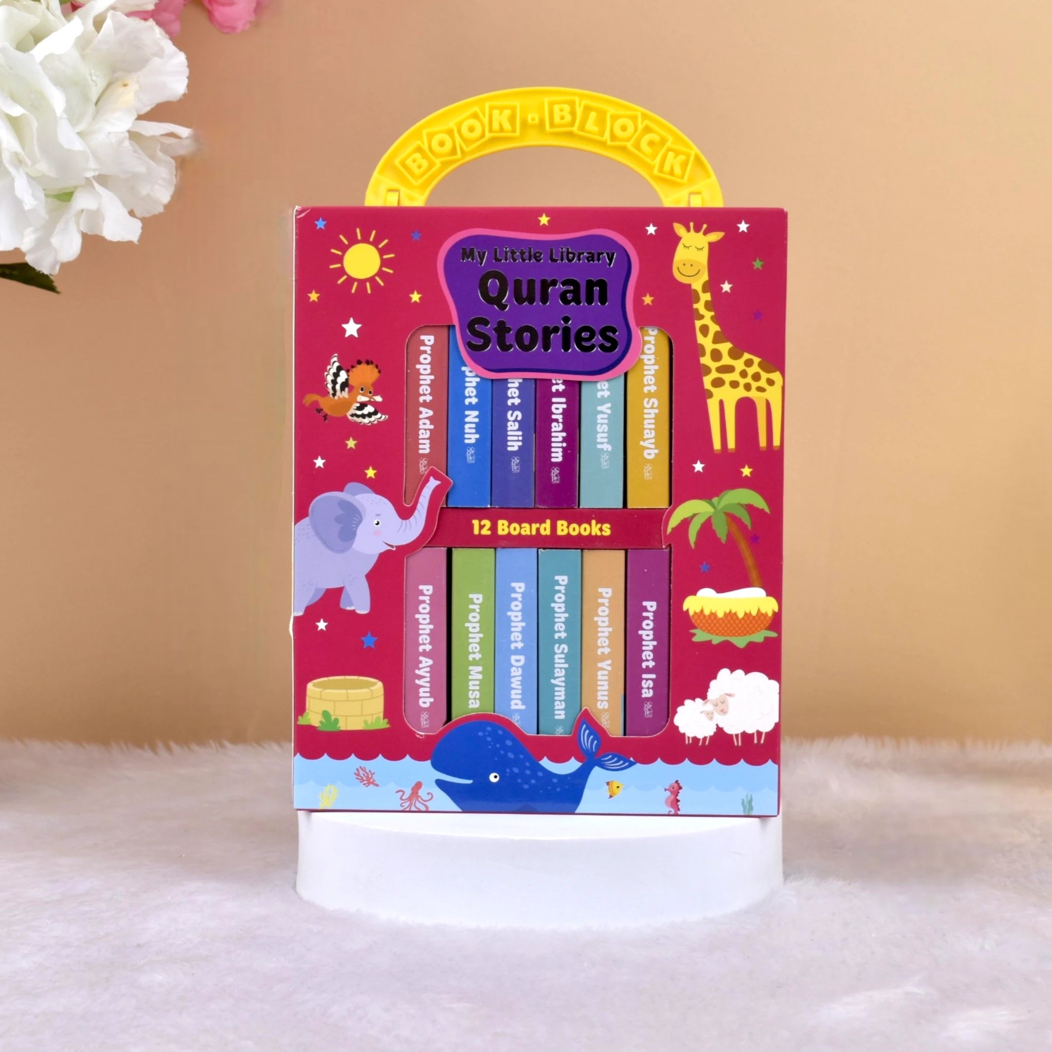 Quran Stories Book Set - Board Books for Kids featuring 12 chunky titles in a colorful carry case with animal illustrations, ideal for toddlers.