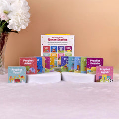 Complete Quran Stories Book Tower set with 12 colorful board books displayed upright, designed for toddlers' Islamic education and storytelling fun.